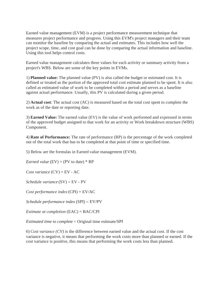 Earned Value Management in Projects