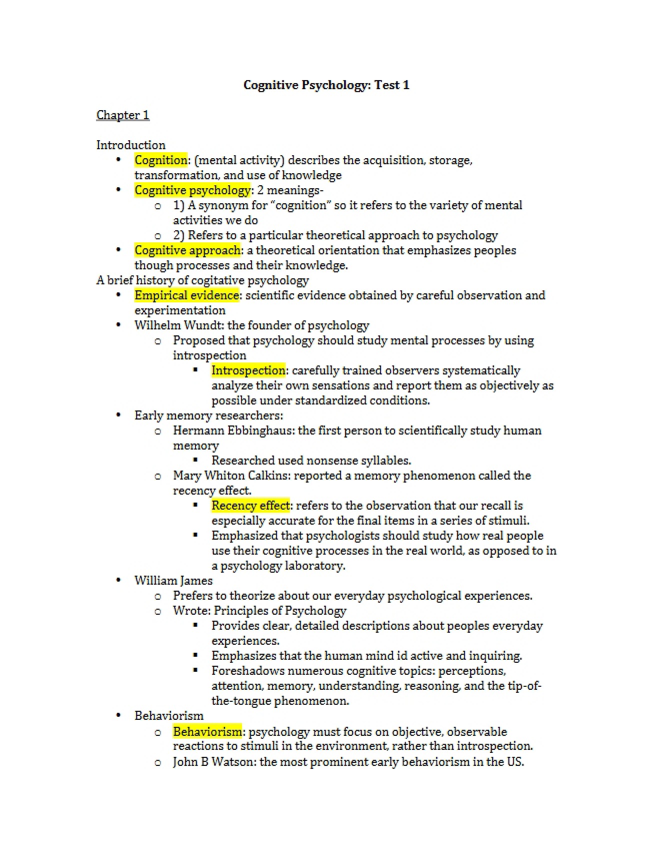 First Test Materials for Cognitive Psychology