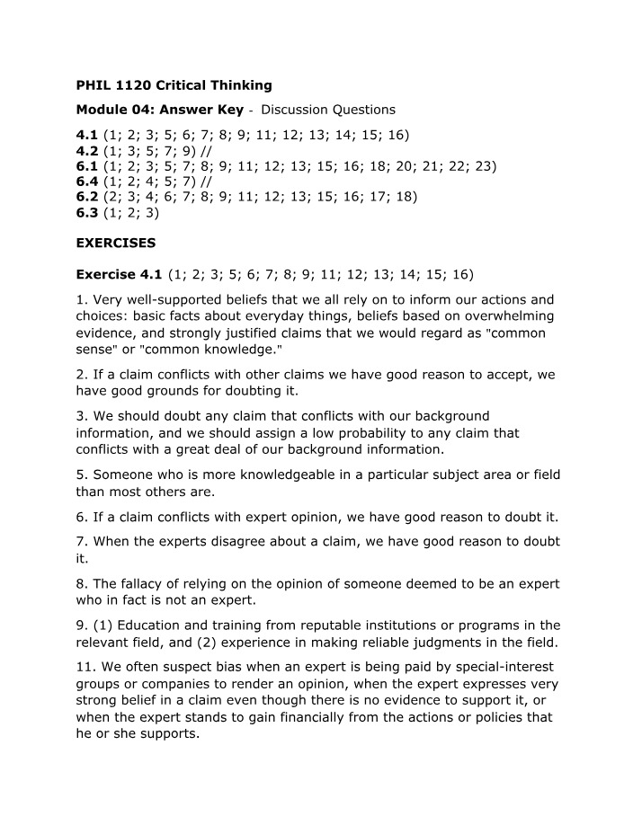 Module 04 - Critical Thinking Discussion Questions and Answer Key