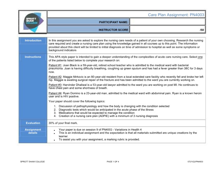 Care Plan Assignment Rubric - PN4003