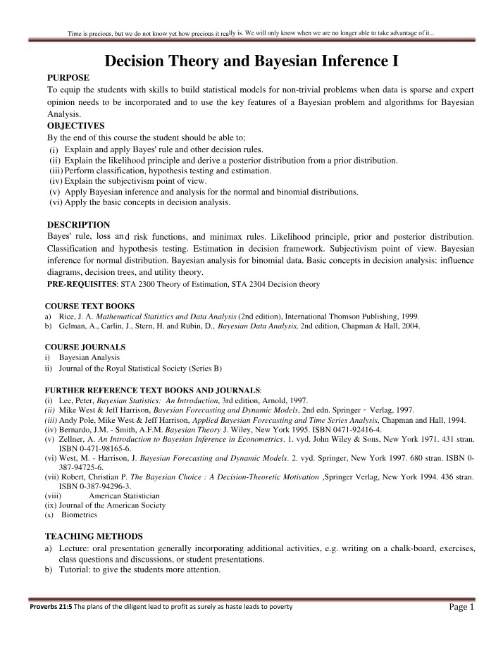 Syllabus for Decision Theory and Bayesian Inference I
