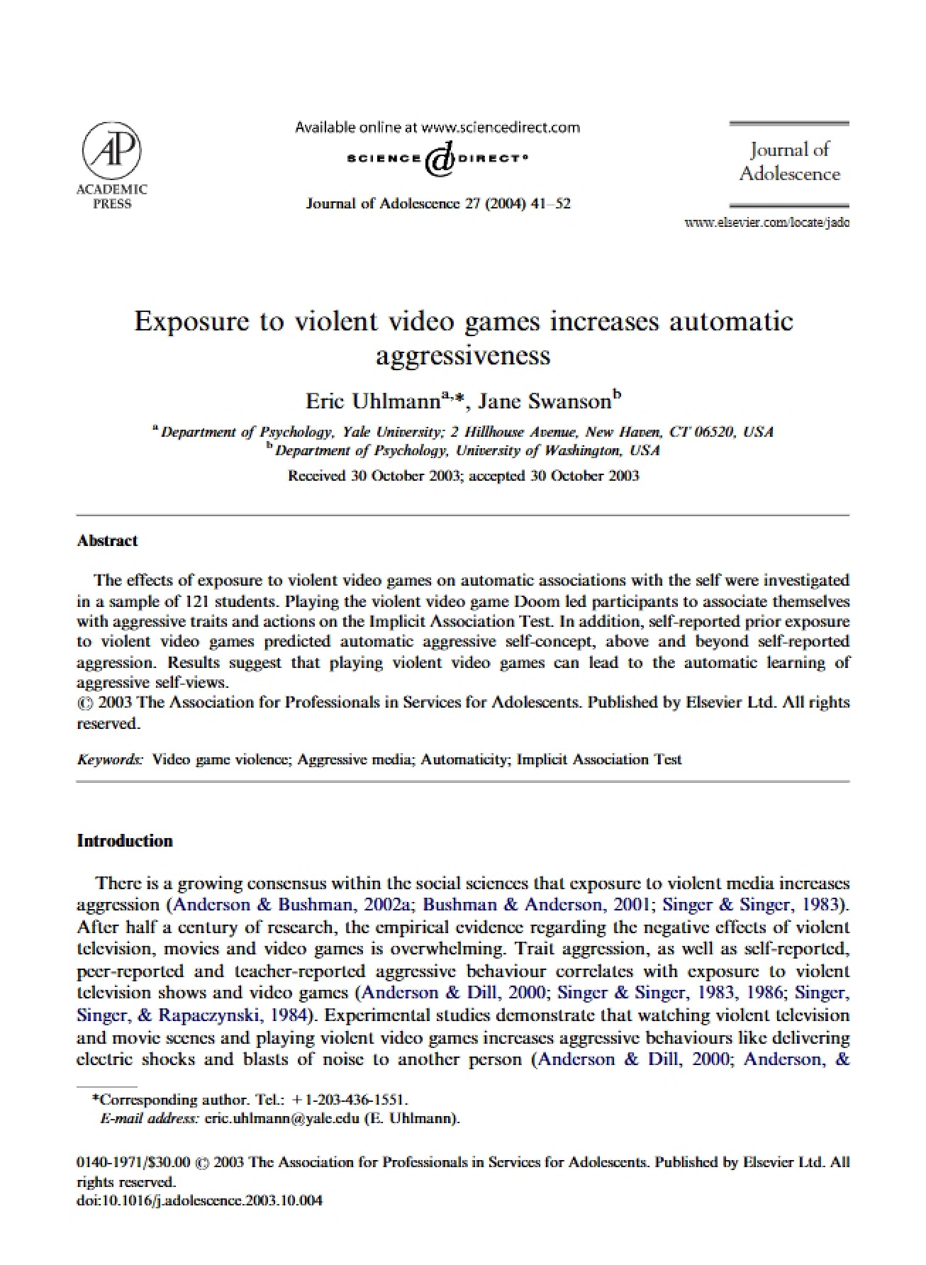 Automatic Aggressiveness Increased by Violent Game Exposure