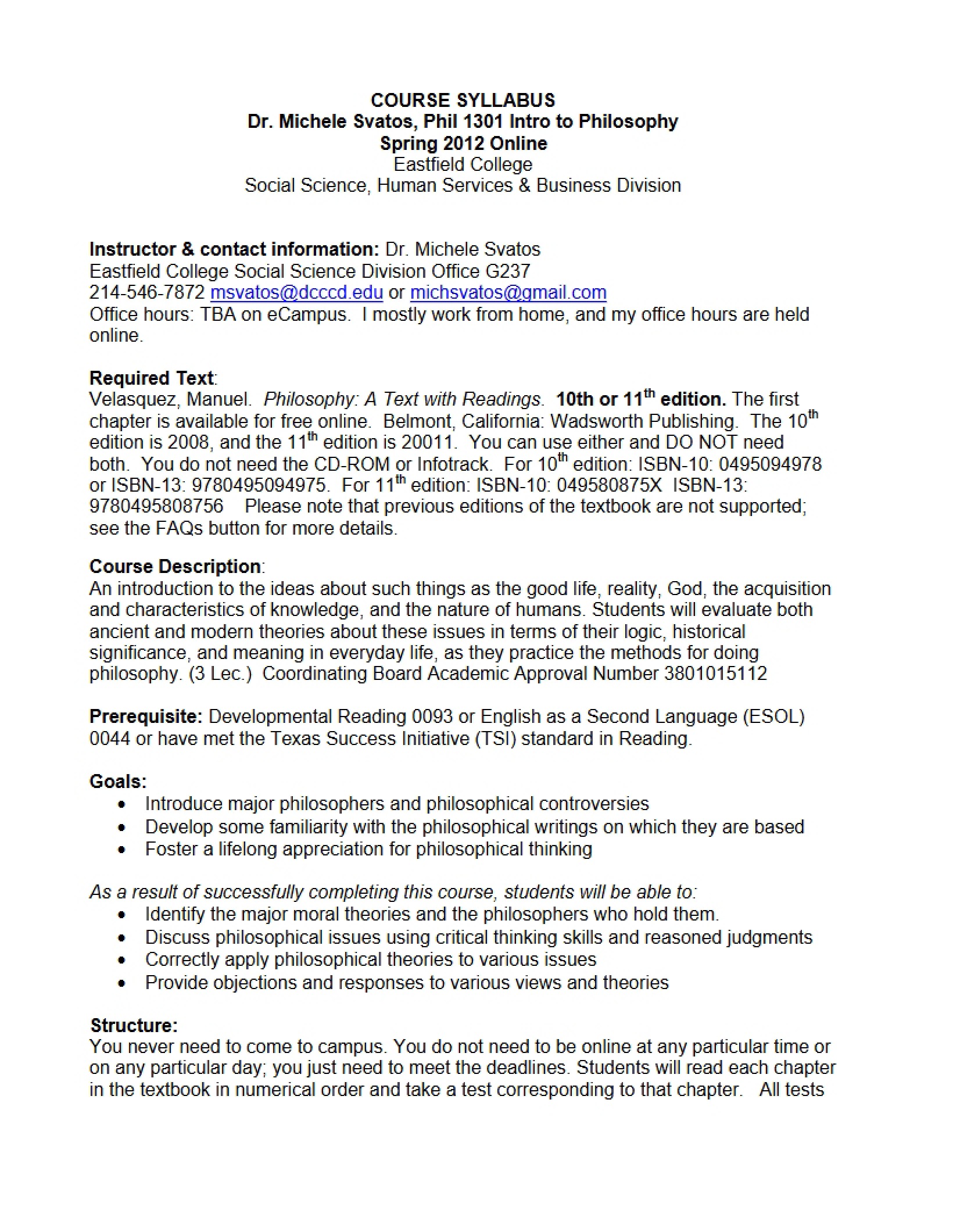 Syllabus for Introduction to Philosophy - 5 Pages