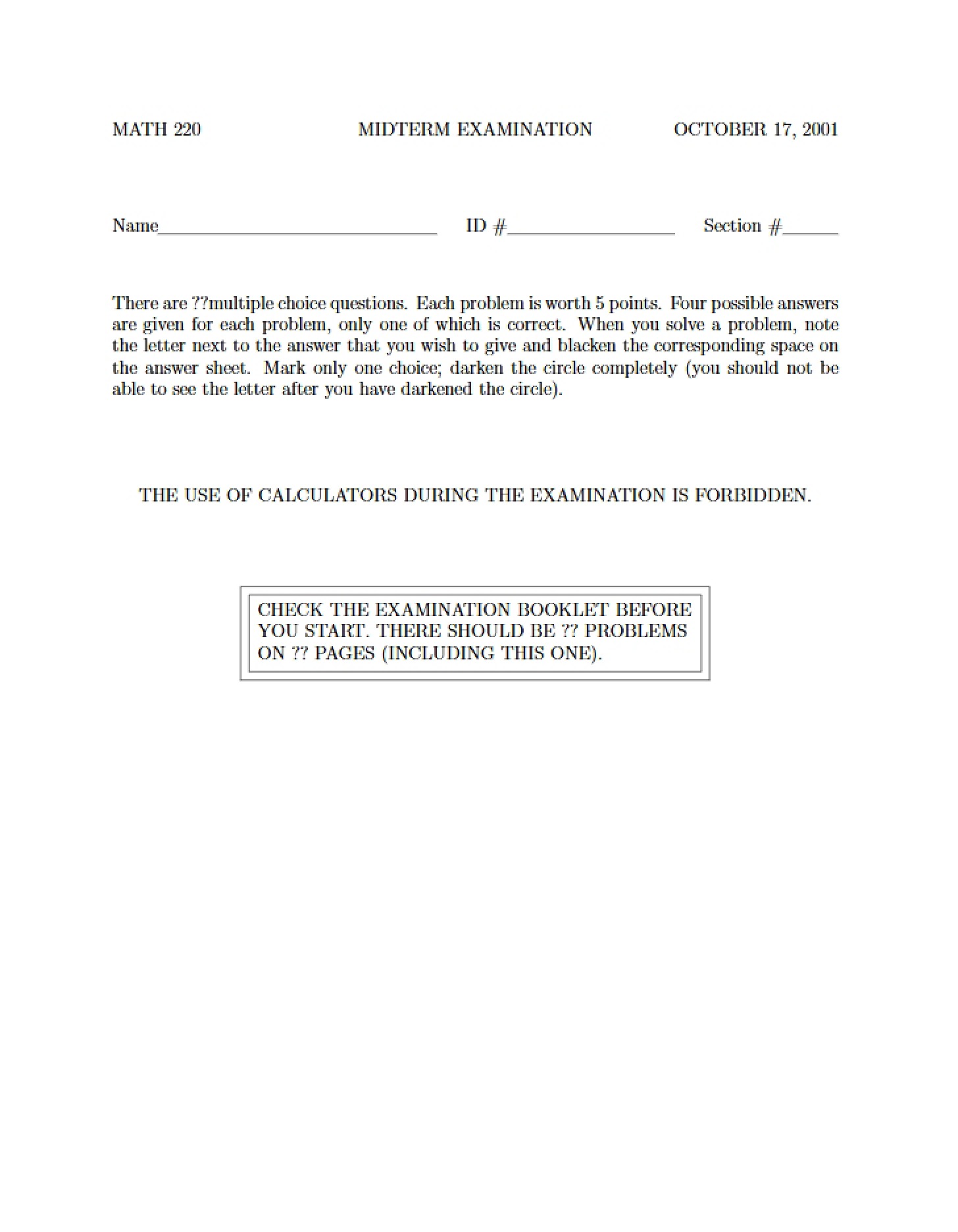 Midterm Assessment Math 220 - 11 Pages
