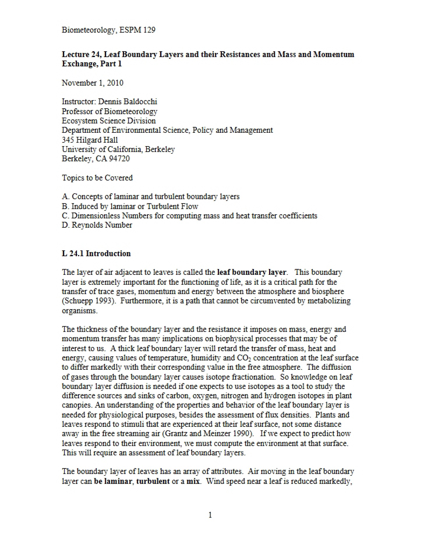 Exchange Notes Leaf Boundary Layer Resistances (Lecture 24)