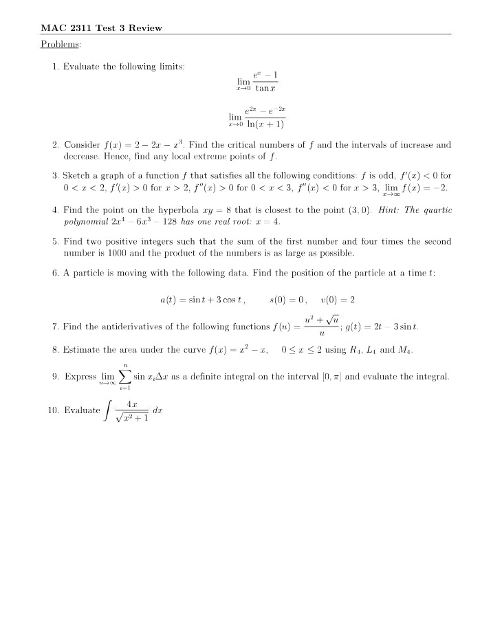 Test 3 Review - Limits, Critical Numbers, and Graphs