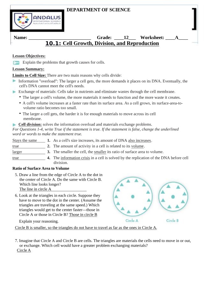 Worksheet on Cell Growth, Division, and Reproduction