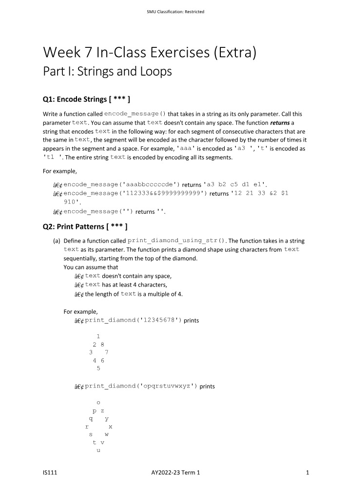 Week 7 Exercises - Strings, Loops, and Lists