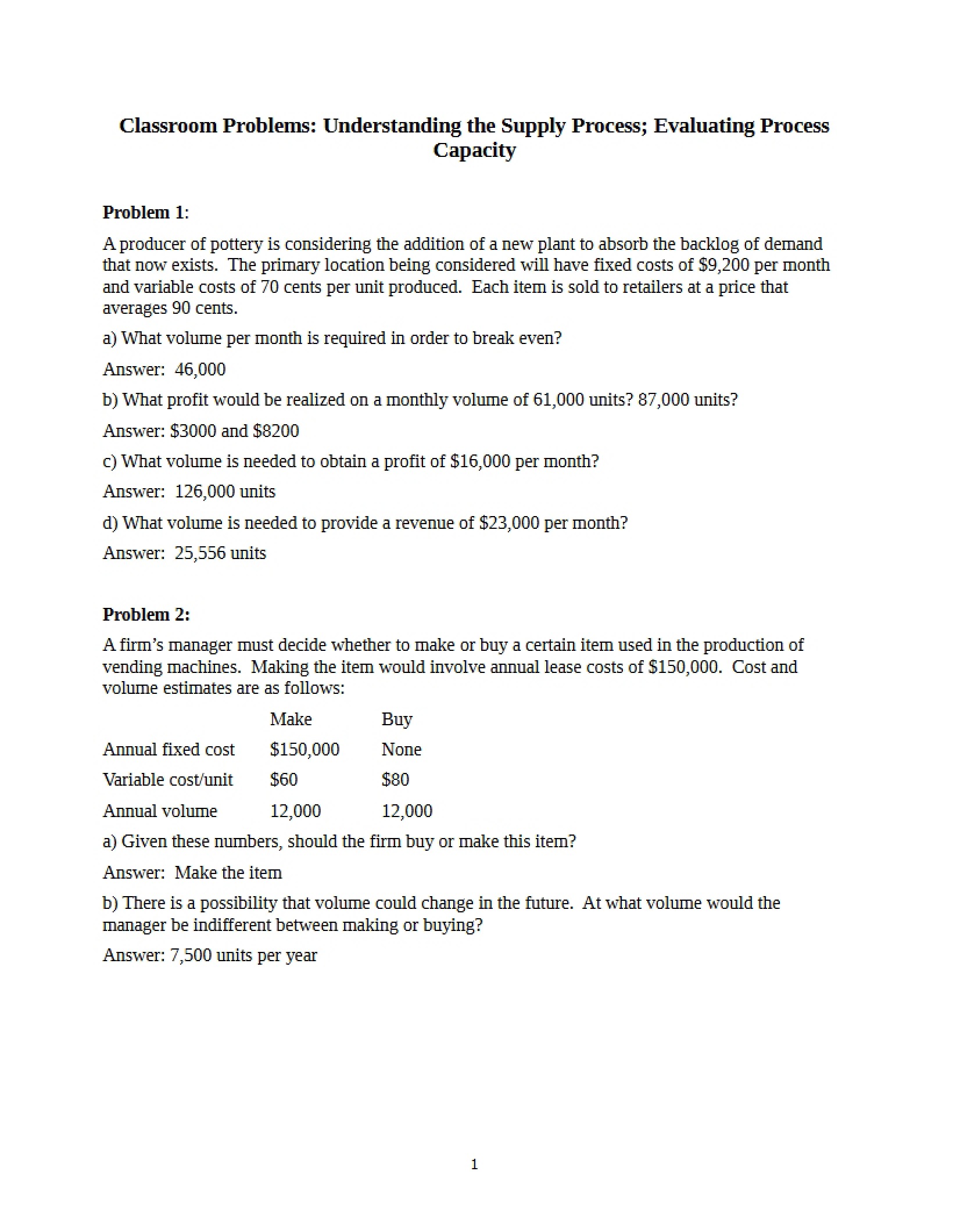 Class Problems on Capacity