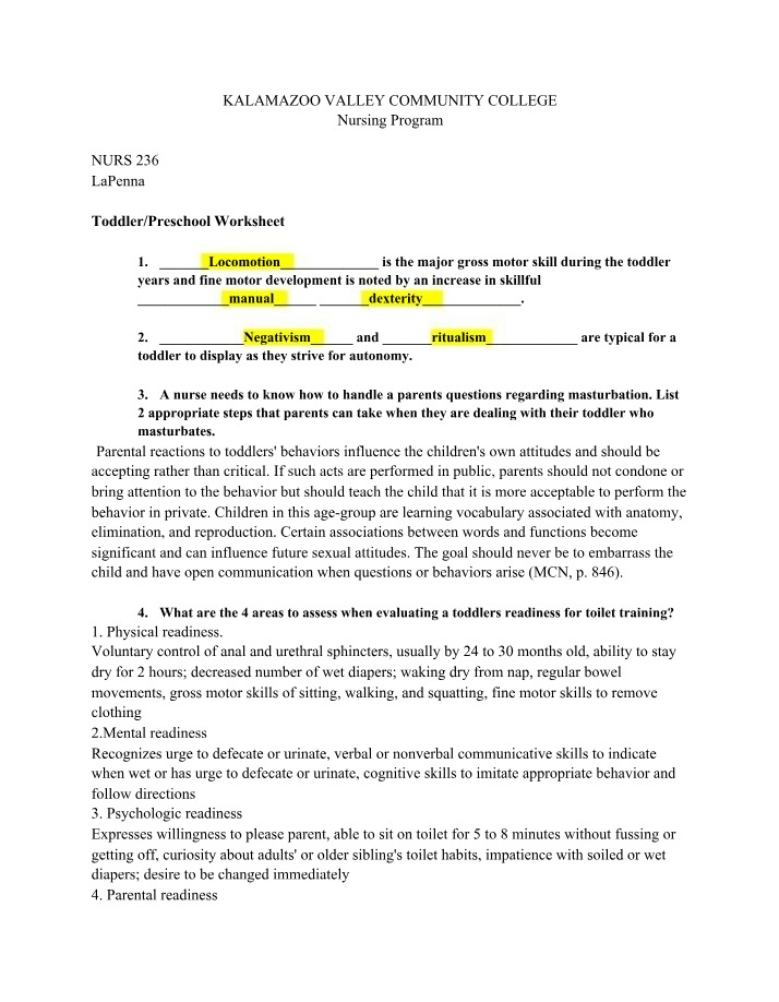 Worksheet on Toddler and Preschool