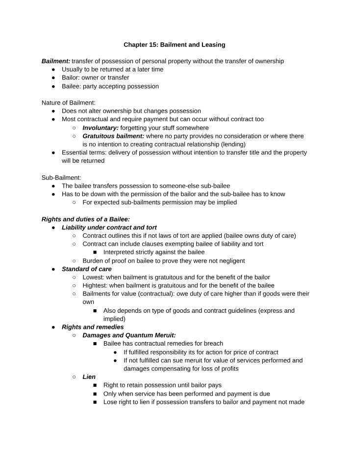 Bailment and Leasing - Chapter 15