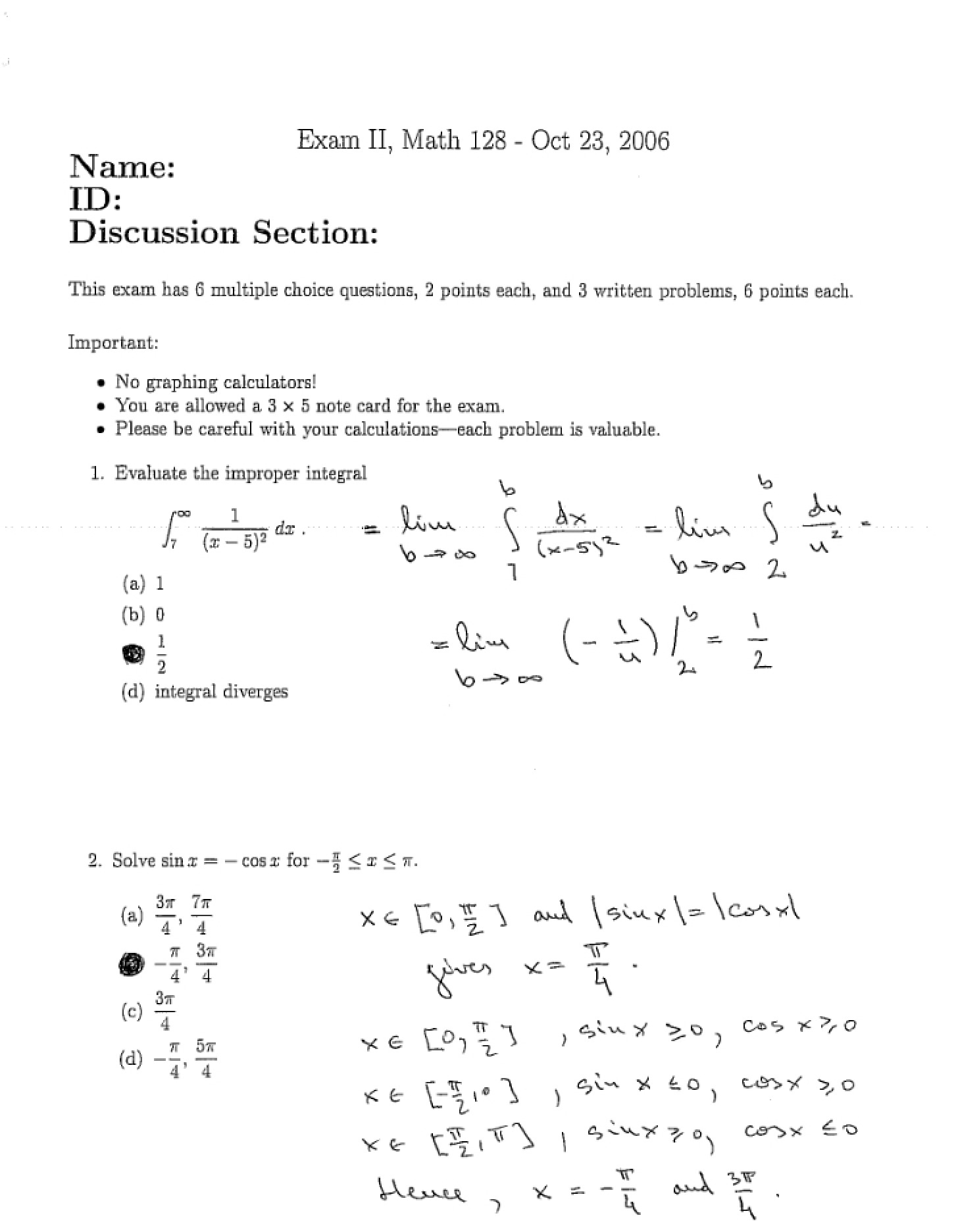 Second Exam October 23, 2006