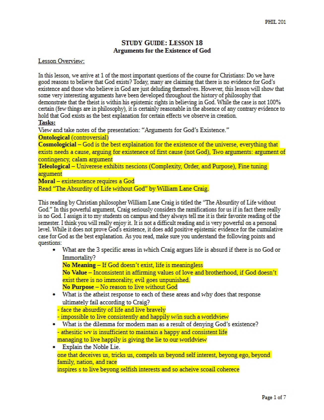 Study Guide for the Eighteenth Lesson in Philosophy