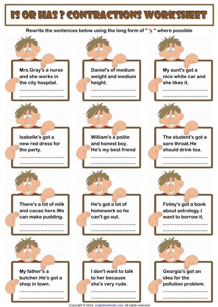 ESL Worksheet for Is-Has Contractions