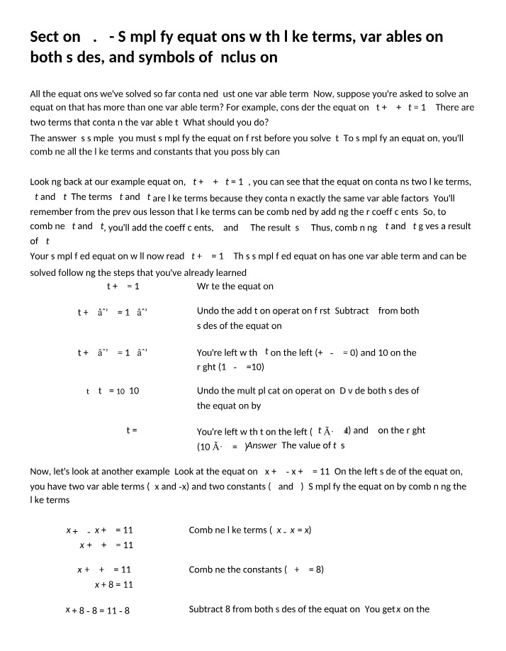 Simplifying Equations Using Variables and Like Terms