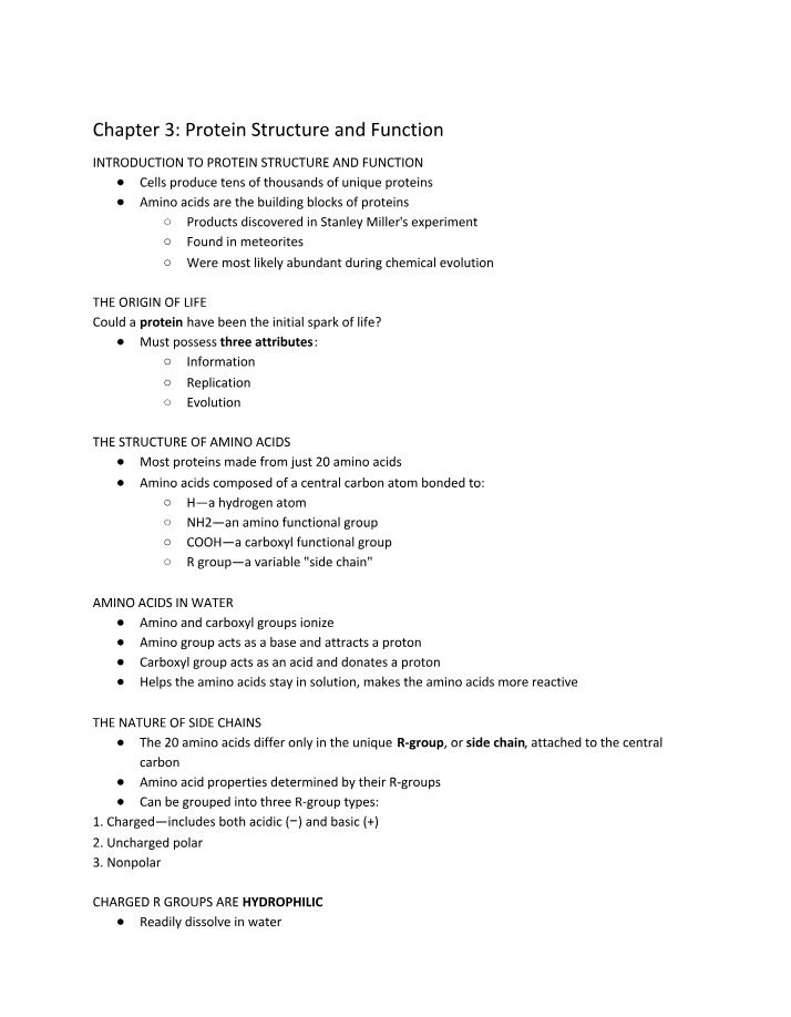Protein Structure and Function (Chapter 3)