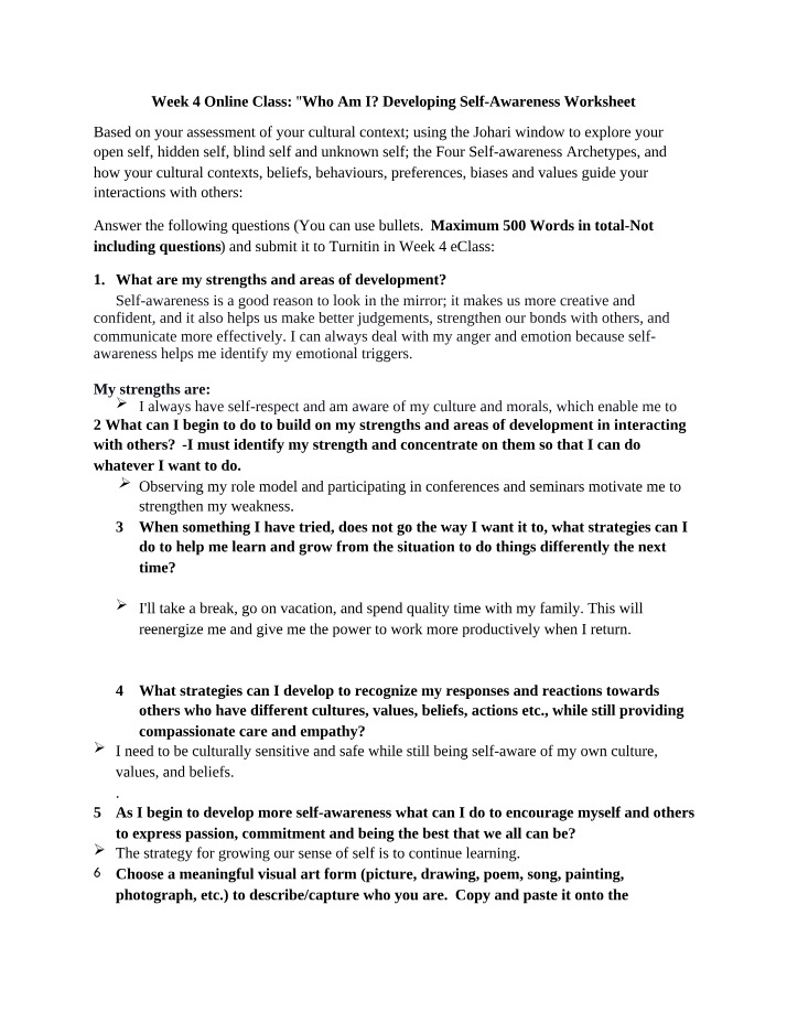 Developing Self-Awareness - Growth and Cultural Worksheet
