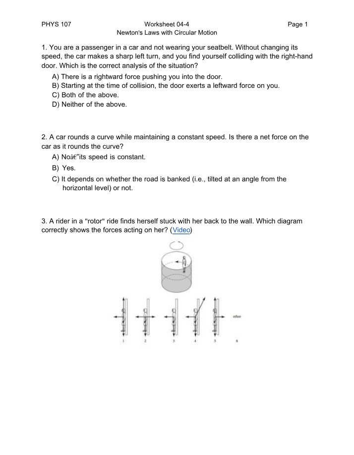 Newton's Laws and Circular Motion - Worksheet 04-4