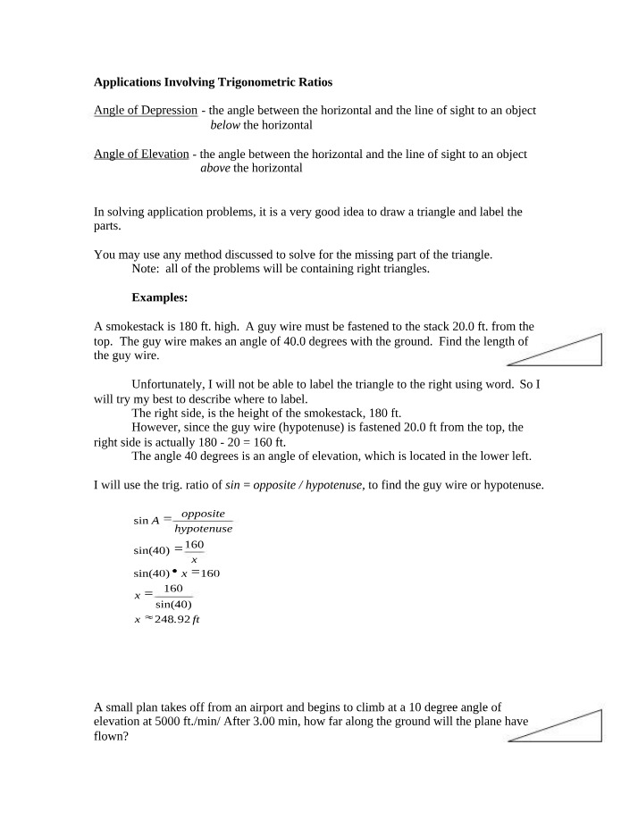 Trigonometric Ratios - Angle of Depression Applications