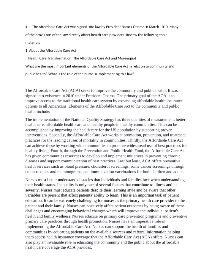 Improving Public and Community Health - The Affordable Care Act