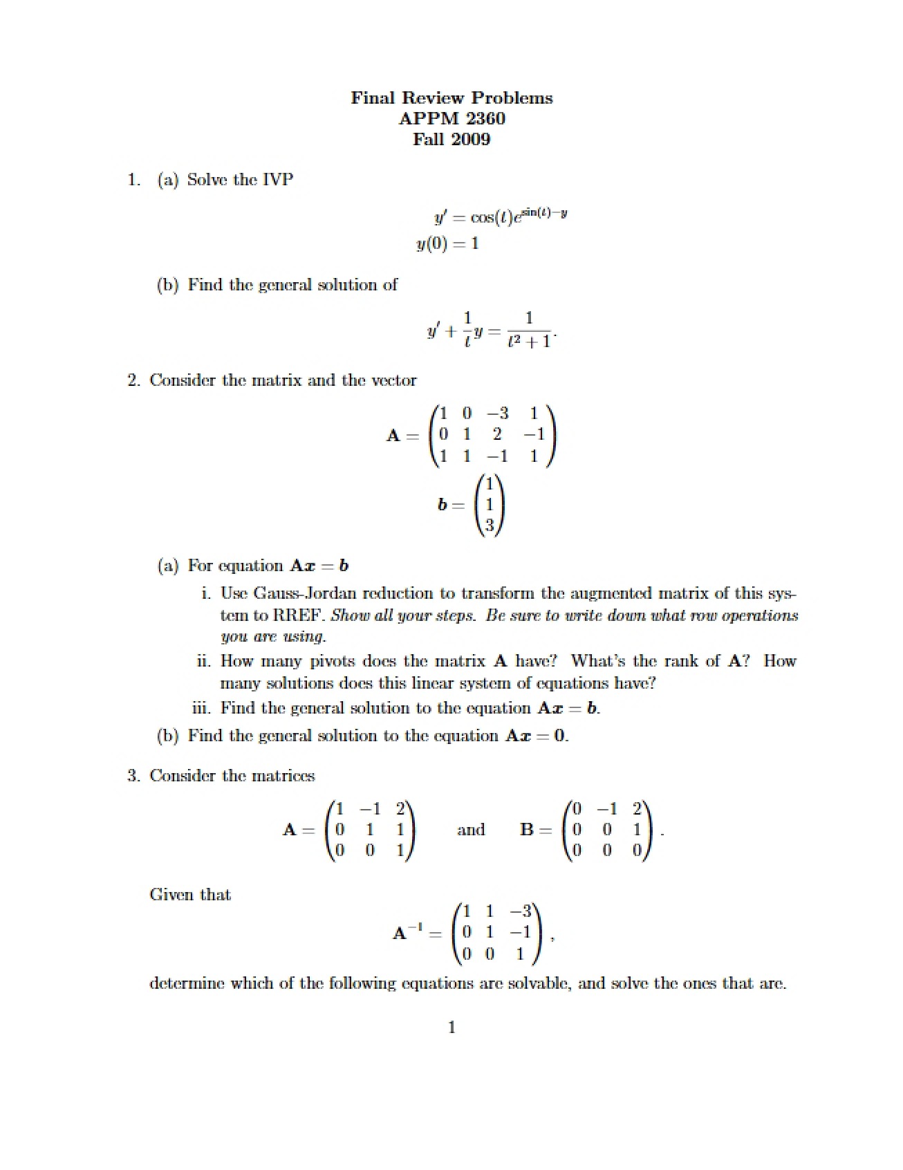 First Final Exam in Differential Equations, Part A