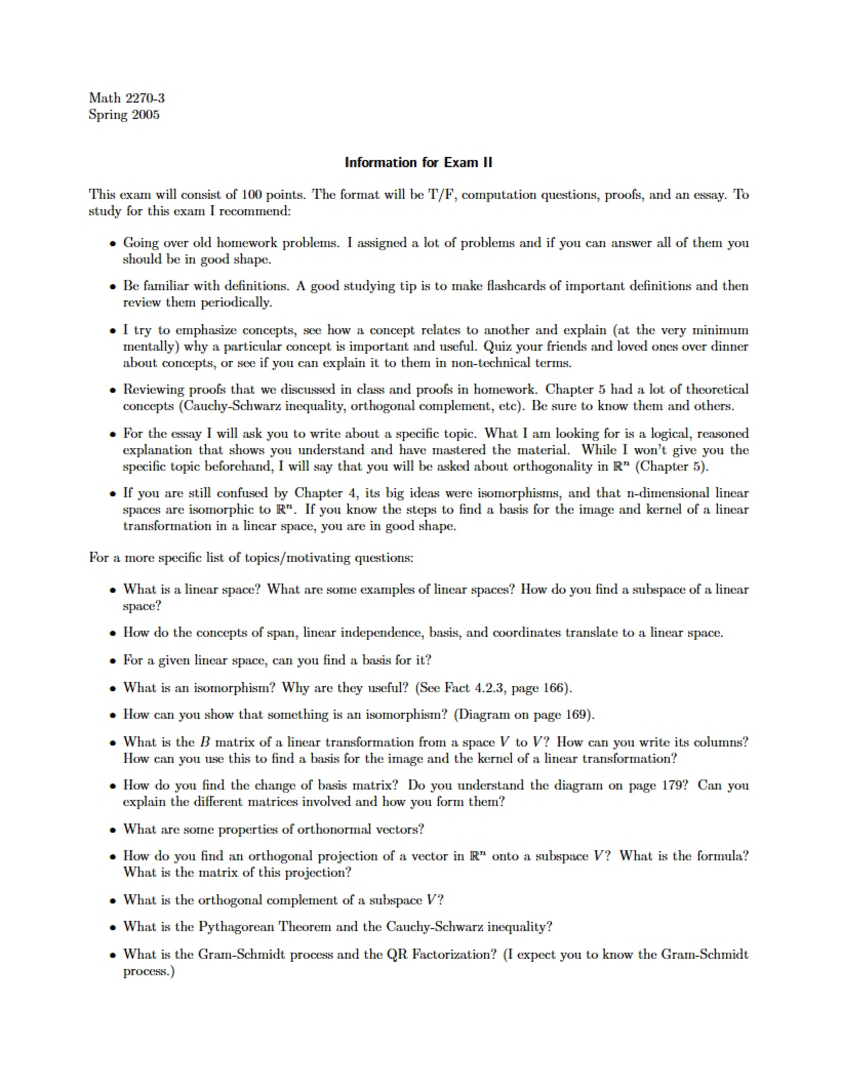 Second Exam Details for Math 2270