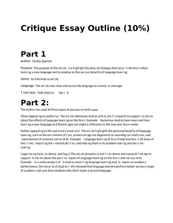 Outline for Critique Essay (10%)