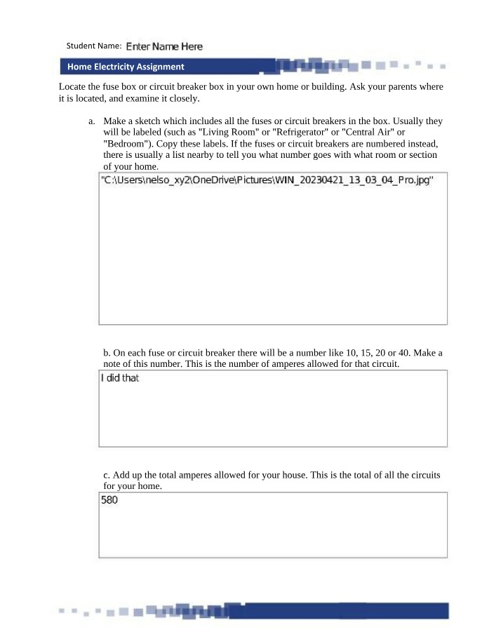 Assignment on Home Electricity