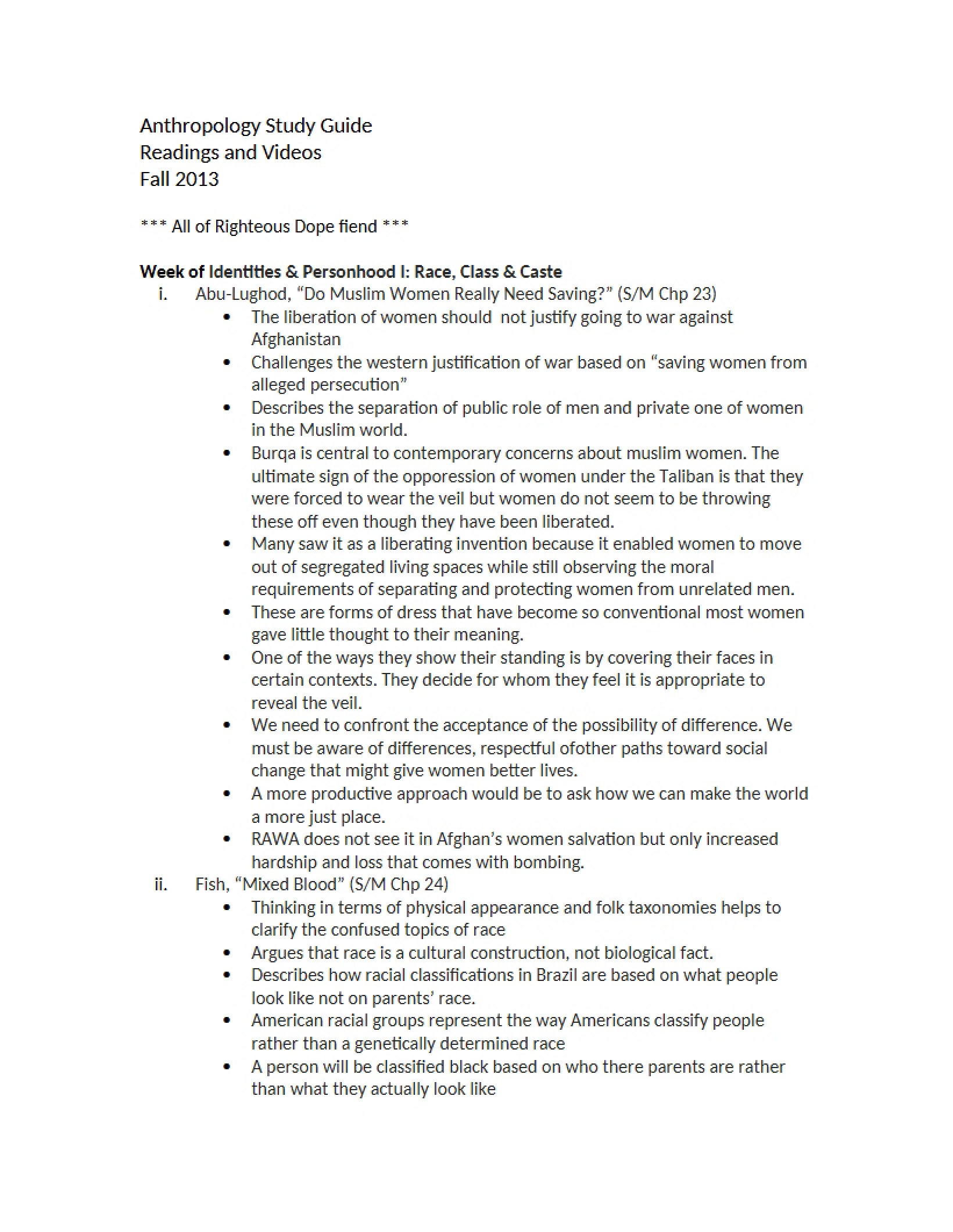 Guide for Study - ANTH 260