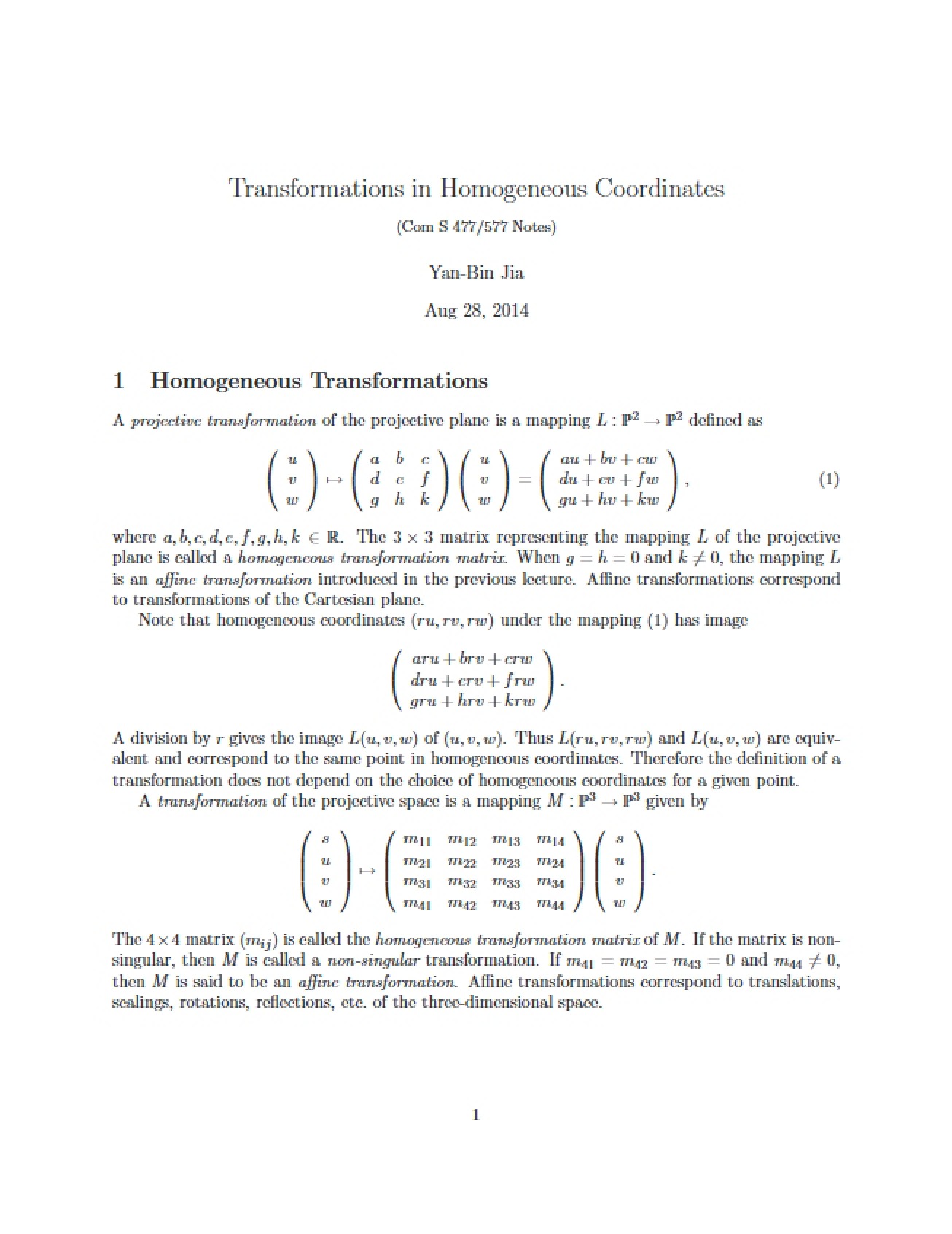 Using Homogeneous Coordinates for Transformations
