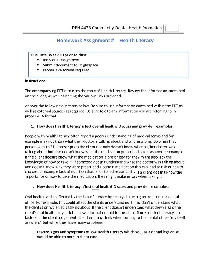 Health Literacy - Homework Assignment 3