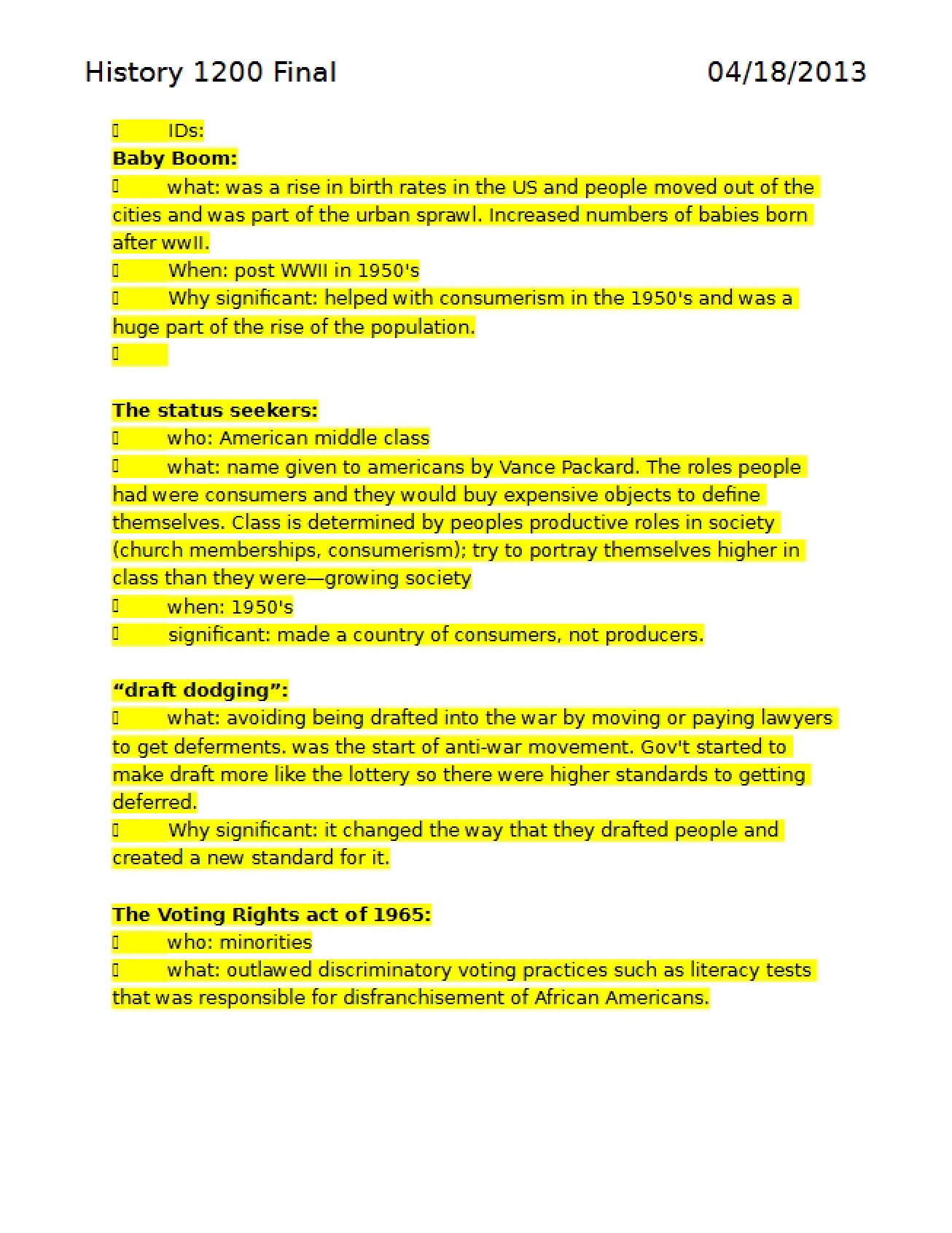 Study Guide for History 1200 Final
