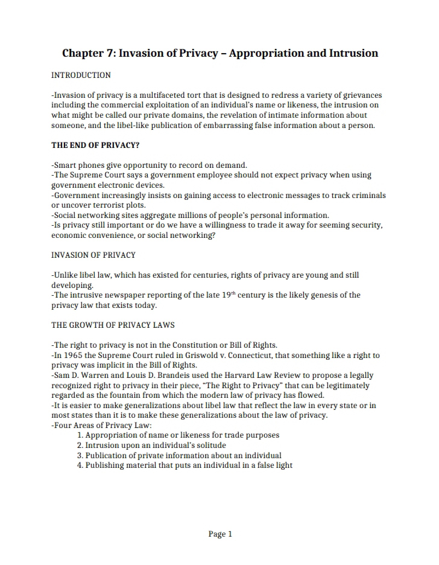 Intrusion and Appropriation Privacy Law (Ch 7)