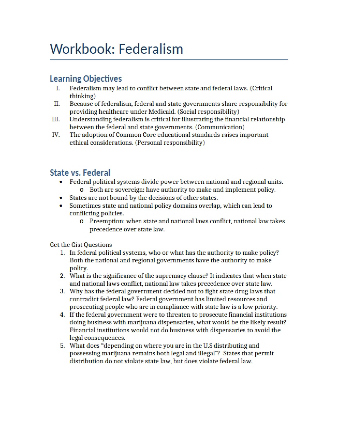 Federalism Workbook