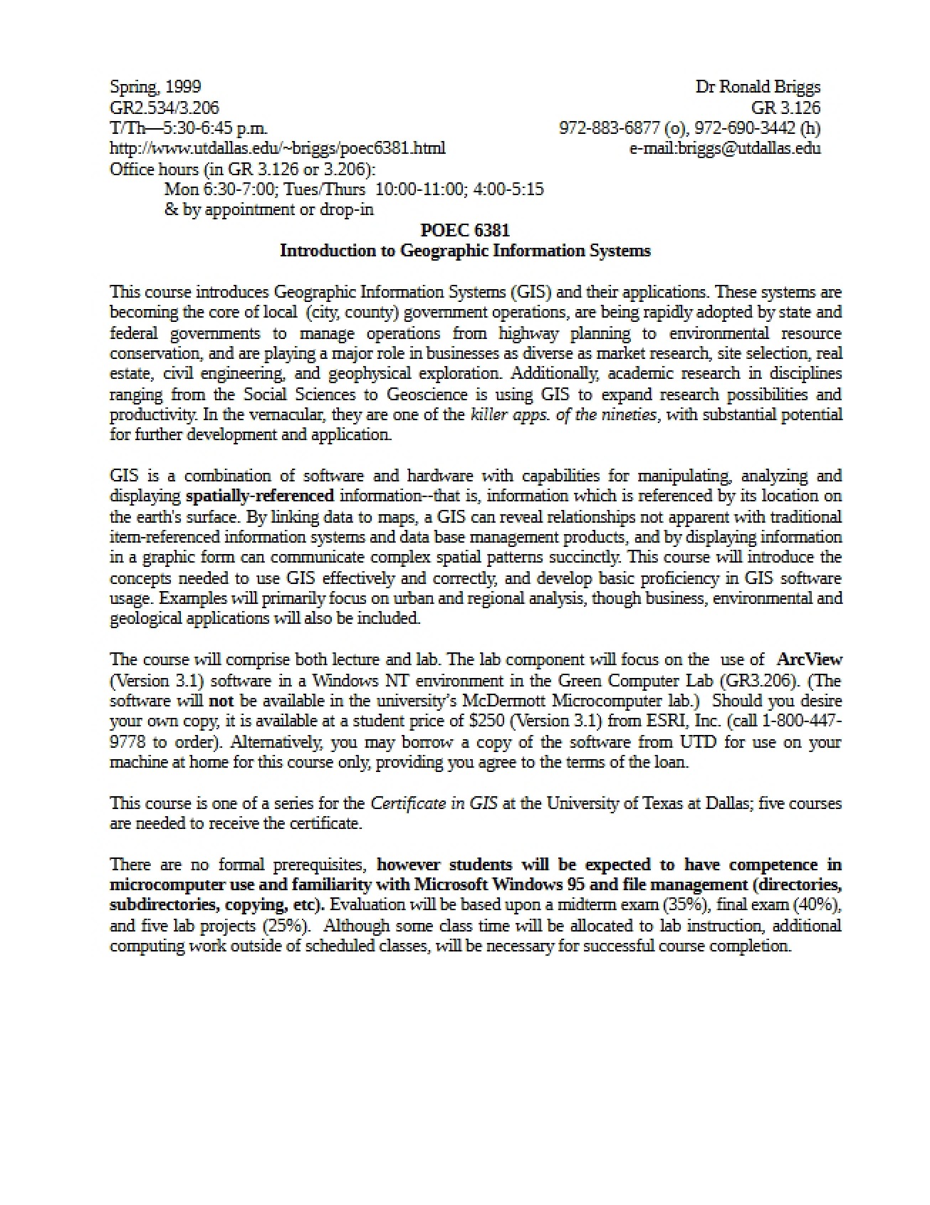 Syllabus for Intro to Geographic Information Systems - POEC 6381