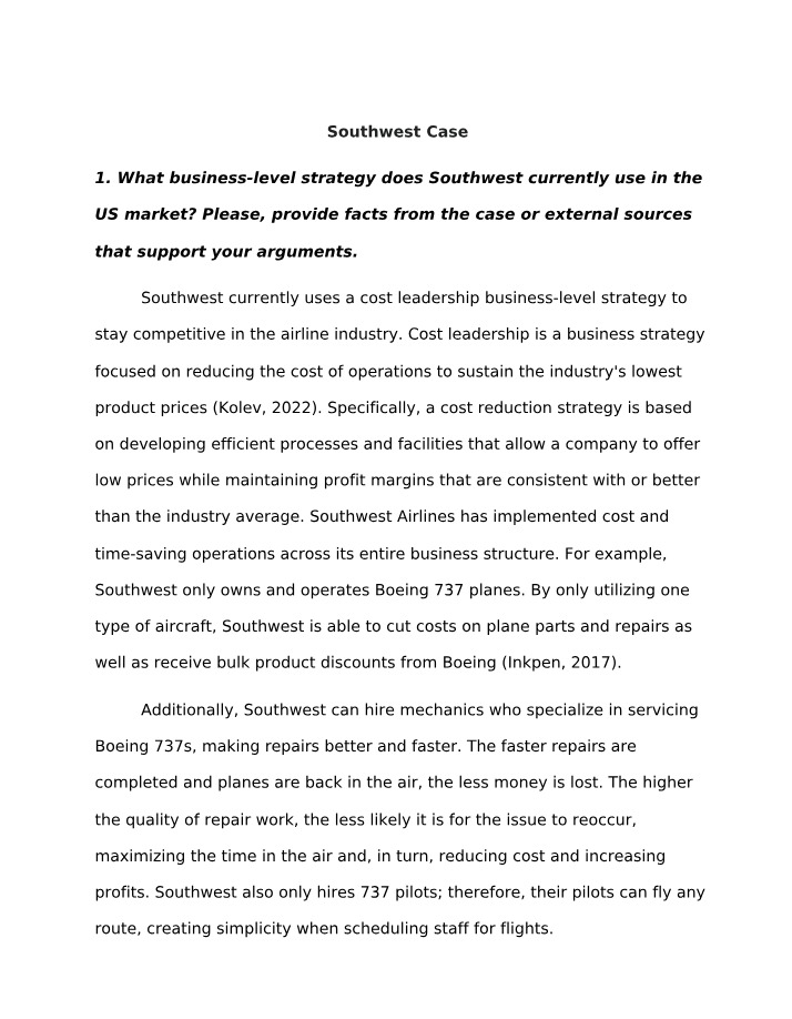 Sustainable Cost Leadership Strategy for Southwest Airlines