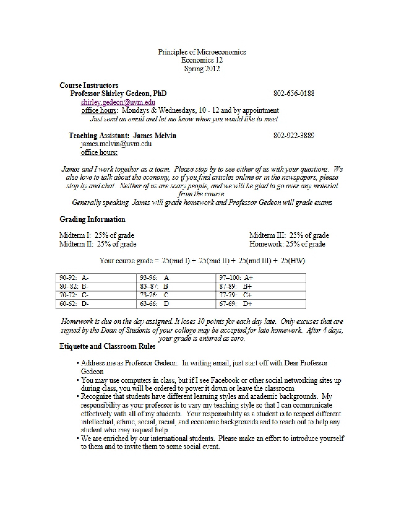 Syllabus for Principles of Microeconomics