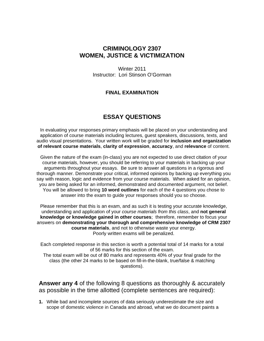 CRM2307 Final Exam - Winter 2011