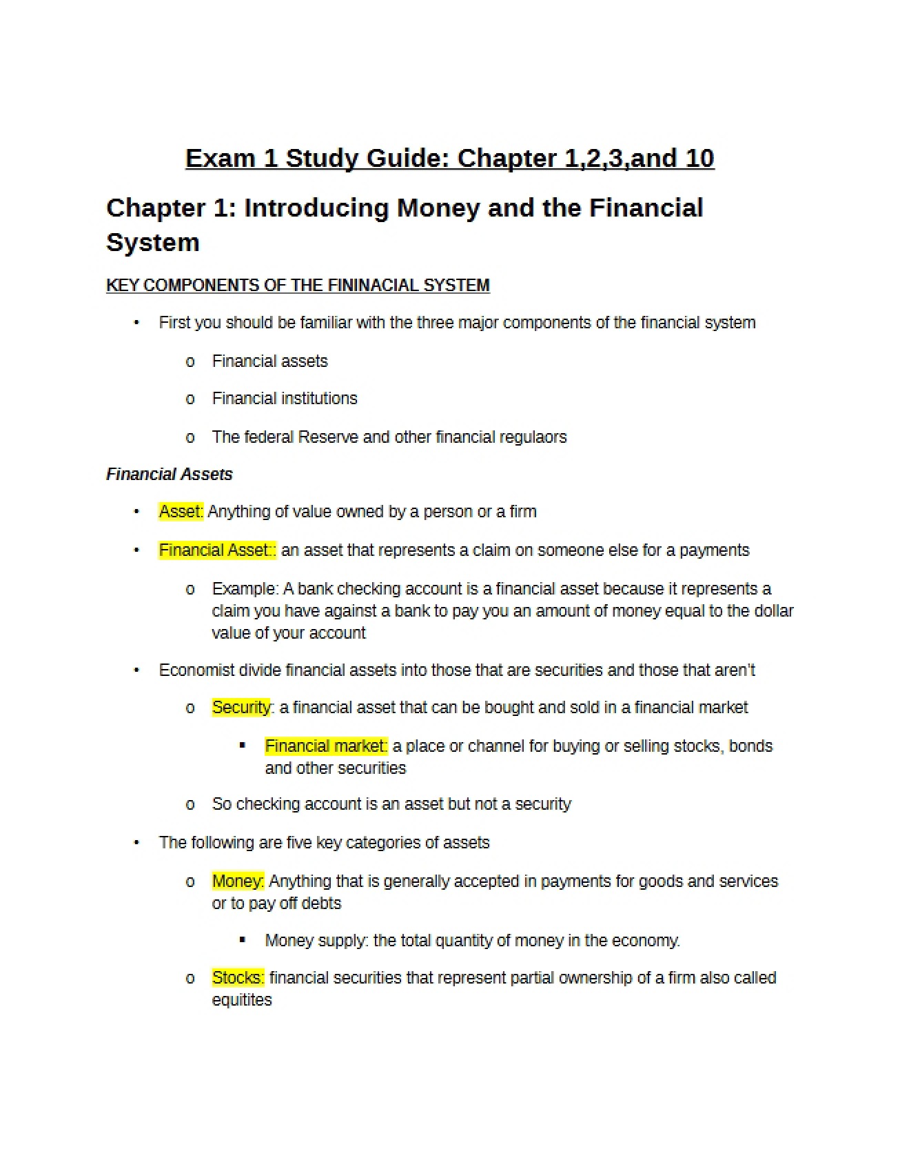 Study Guide for the First Finance Exam