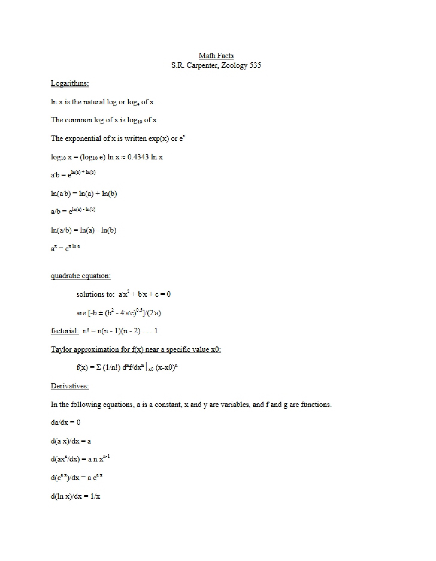 Sheet of Mathematical Facts