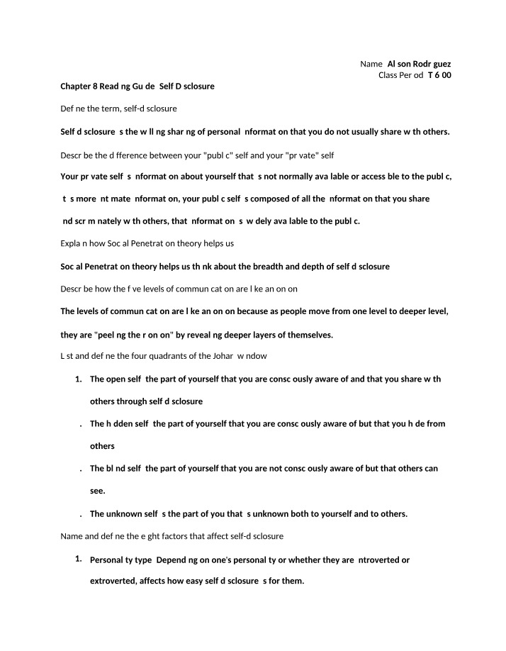 Self Disclosure - Chapter 8 Reading Guide