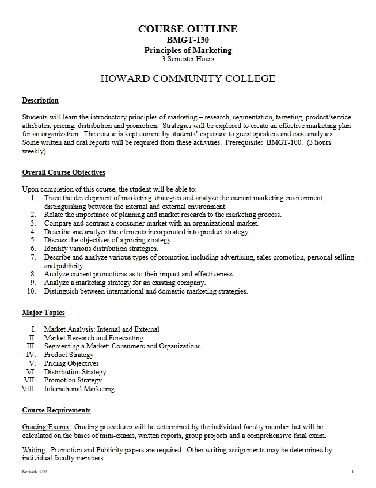 Principles of Marketing Course Outline