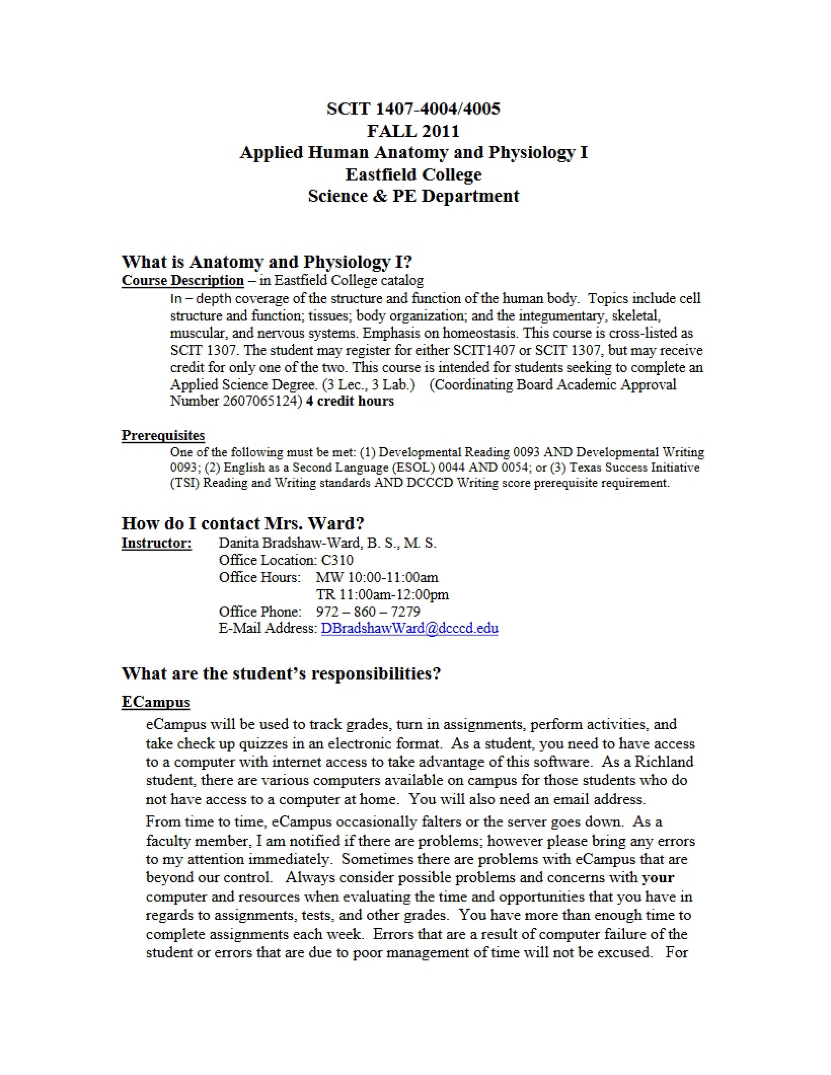 Applied Human Anatomy and Physiology I Syllabus - 10 Pages