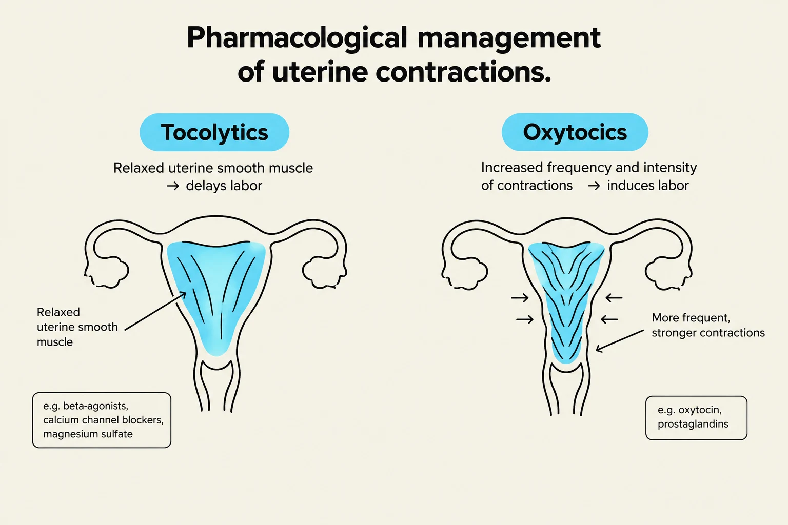 This diagram illustrates the pharmacological management of uterine contractions, differentiating between tocolytics which relax uterine smooth muscle to delay labor, and oxytocics which increase contraction frequency and intensity to induce labor. Examples of each are provided.