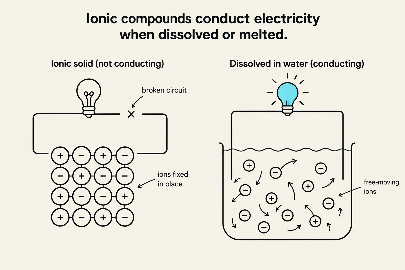Diagram illustrating that ionic compounds conduct electricity when dissolved or melted due to the presence of free-moving ions, unlike in a solid state where ions are fixed.