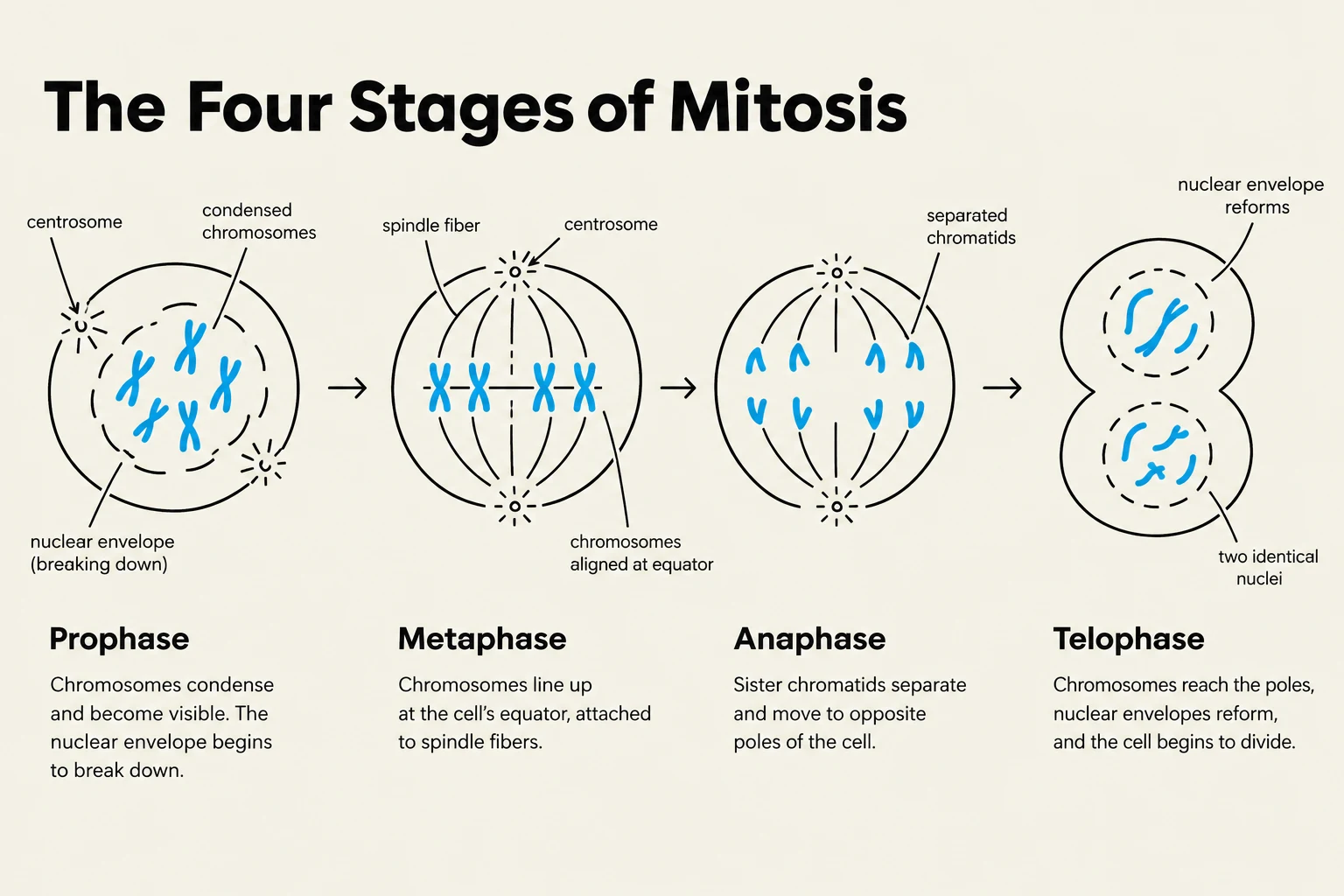 Diagram illustrating the four stages of mitosis: Prophase, Metaphase, Anaphase, and Telophase, showing chromosome behavior and nuclear envelope changes.