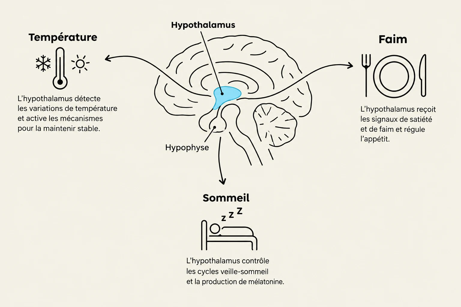 Diagram illustrating the hypothalamus's role in regulating temperature, hunger, and sleep.