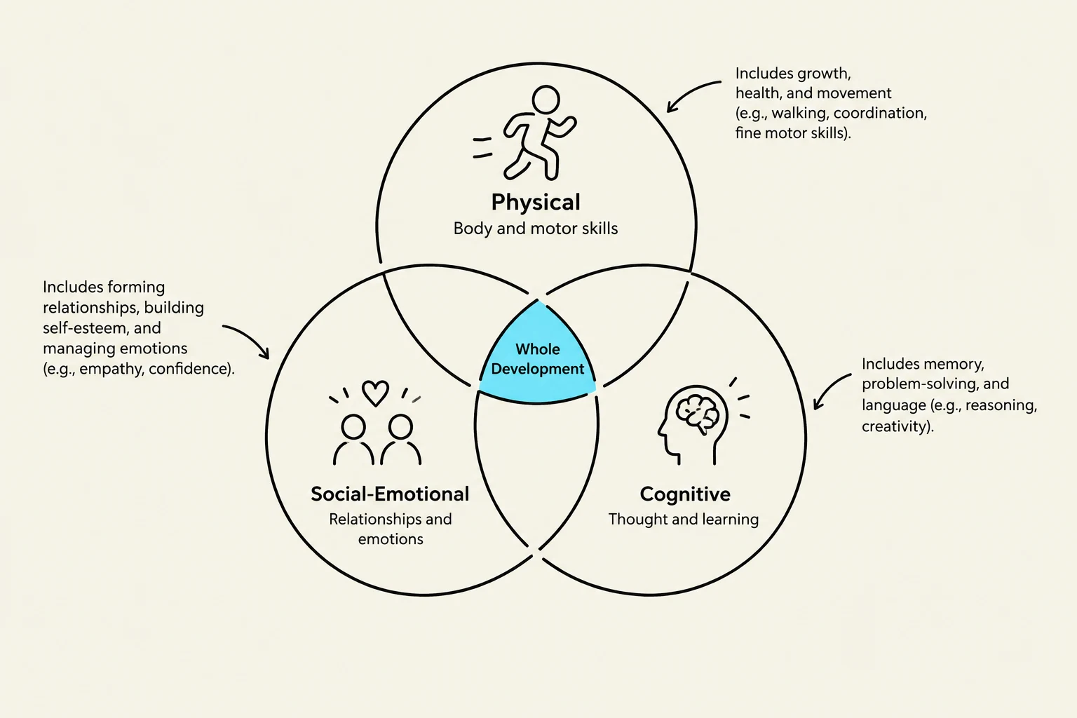 This diagram illustrates the three main domains of child development: Physical, Social-Emotional, and Cognitive, all contributing to Whole Development.
