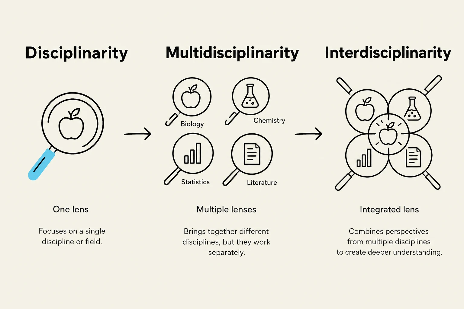 This diagram illustrates the progression from disciplinarity (focusing on a single field) to multidisciplinarity (combining different disciplines that work separately) and finally to interdisciplinarity (integrating perspectives from multiple disciplines for deeper understanding).