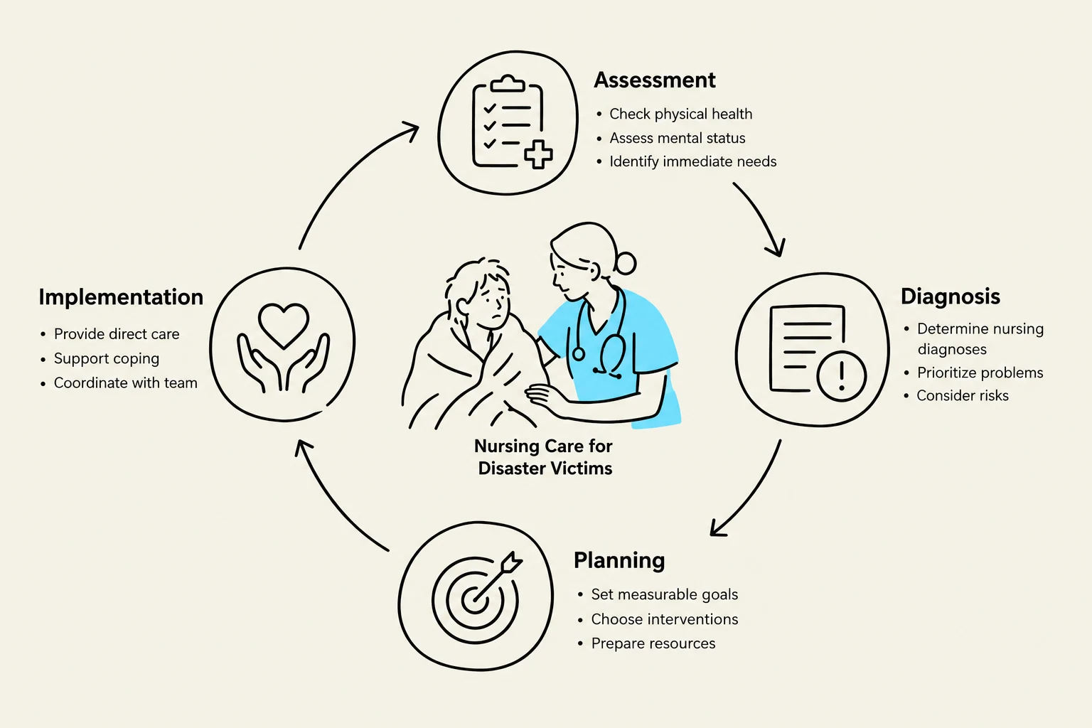 This diagram illustrates the nursing process for disaster victims, encompassing assessment, diagnosis, planning, and implementation.